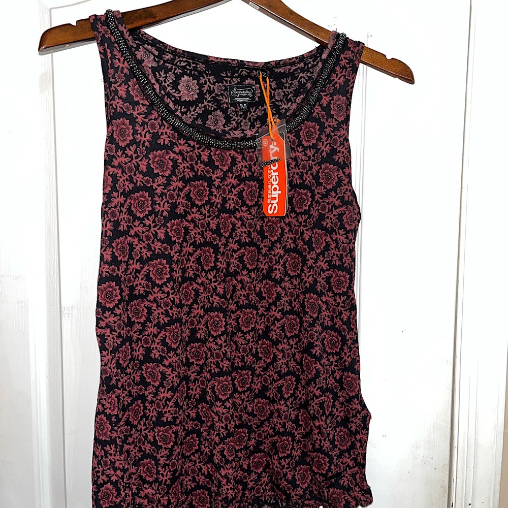 SuperDry Burgundy Floral Embellished Beaded Tank Top NWT — Medium